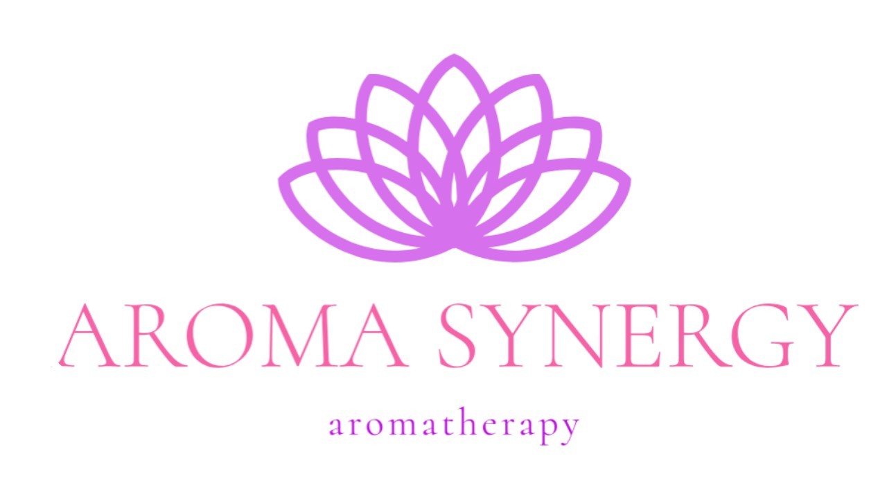 Aroma Synergy logo: a blooming lotus in orchid purple above the brand name in soft pink