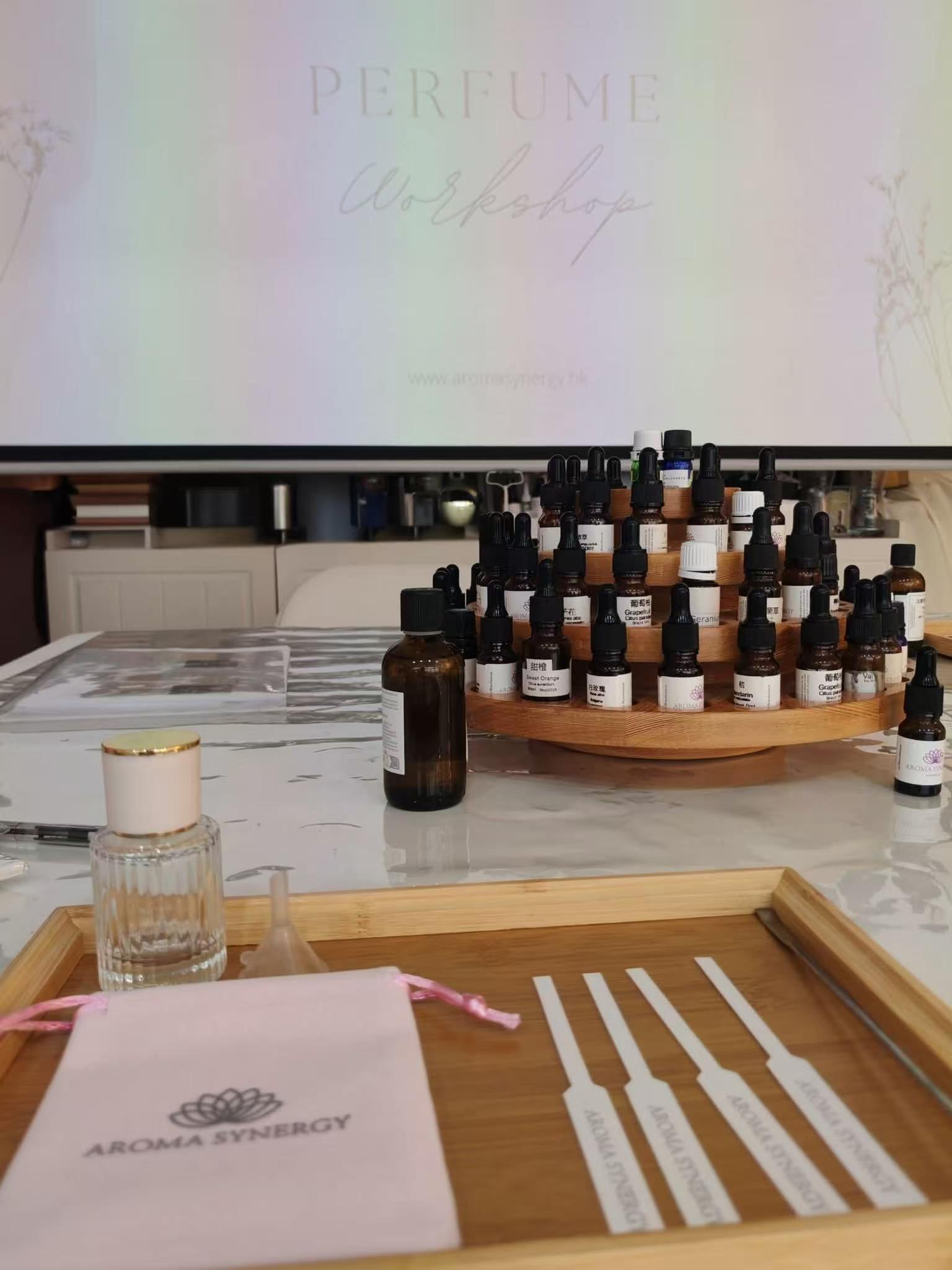 Aromatherapy certificate course in Hong Kong — Perfume Workshop classroom setup with essential oil blending station